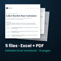 Labor Burden Rate Calculator — the 5 files in this download shown as a stack of real pages: Excel + PDF, 19 pages in all.