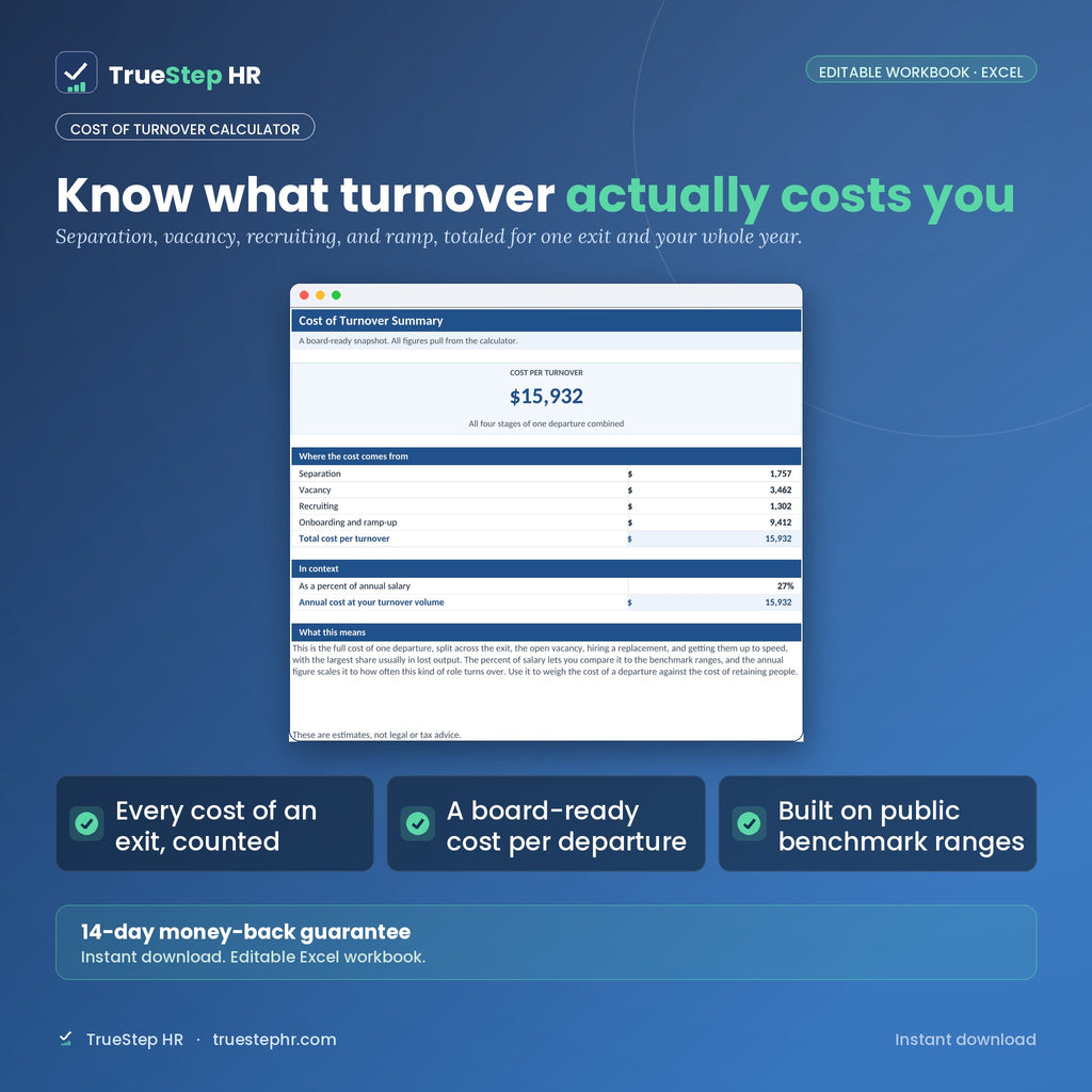 TrueStep HR Cost of Turnover Calculator, editable Excel workbook
