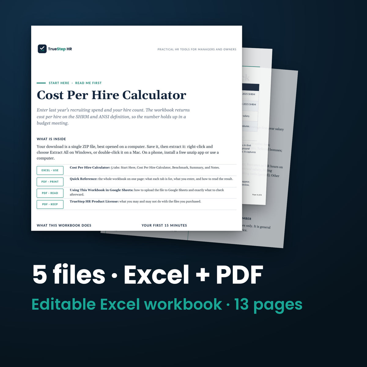 Cost Per Hire Calculator — the 5 files in this download shown as a stack of real pages: Excel + PDF, 13 pages in all.