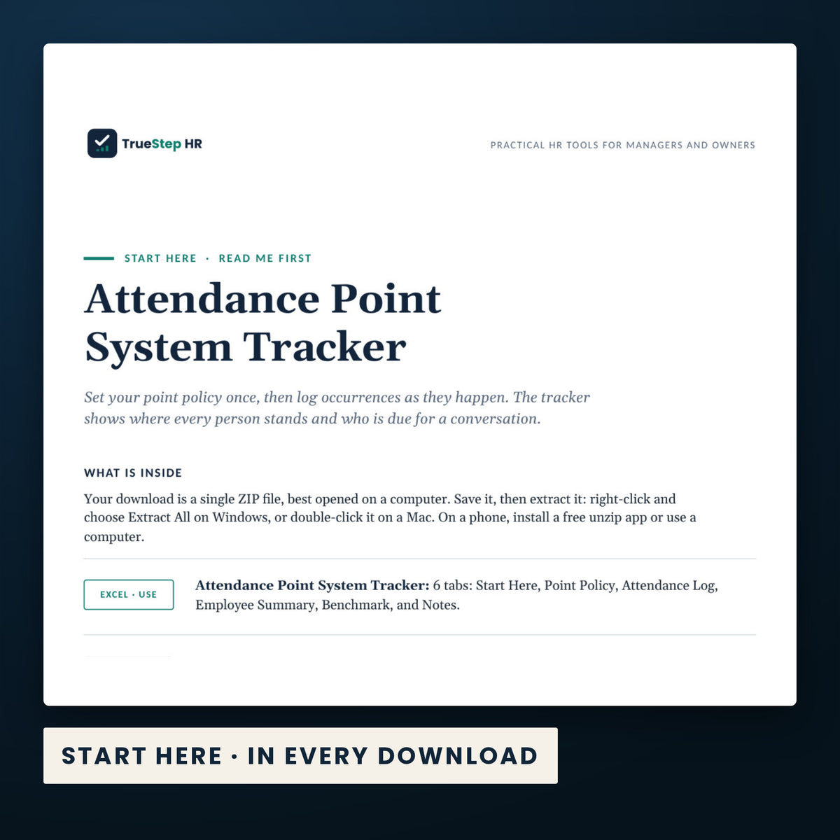 Attendance Point System Tracker — the Start Here guide from the download, listing every file and the order to use them.