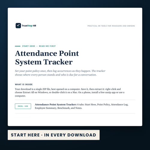 Attendance Point System Tracker — the Start Here guide from the download, listing every file and the order to use them.