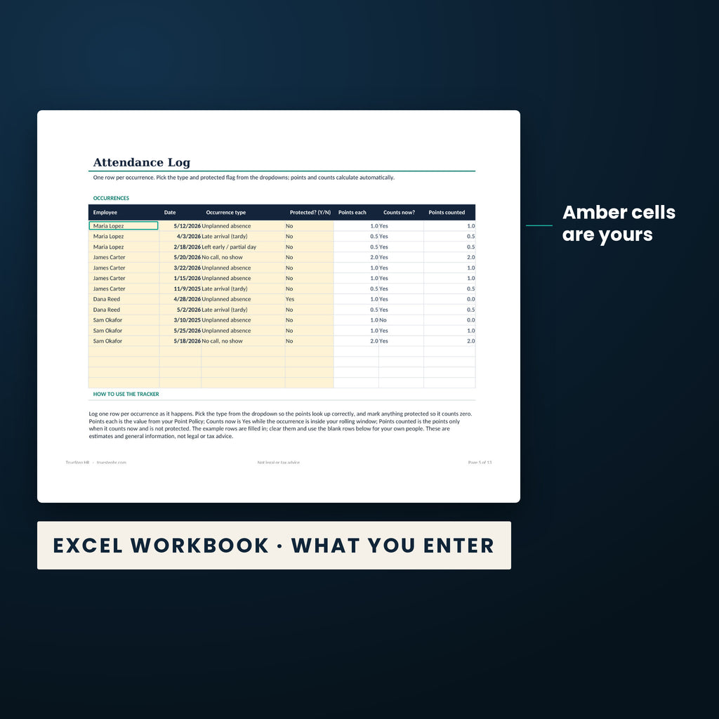 Attendance Point System Tracker — the Excel workbook with the amber cells you fill in marked; the white cells calculate.