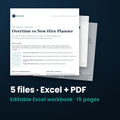 Overtime vs New Hire Planner — the 5 files in this download shown as a stack of real pages: Excel + PDF, 15 pages in all.