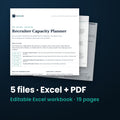 Recruiter Capacity Planner — the 5 files in this download shown as a stack of real pages: Excel + PDF, 19 pages in all.