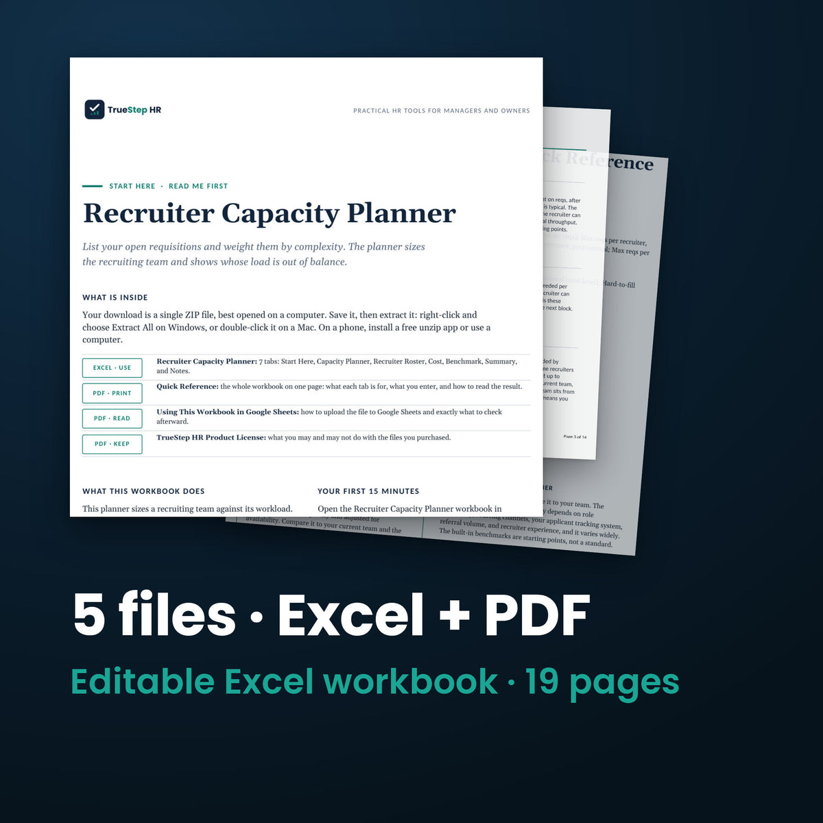 Recruiter Capacity Planner — the 5 files in this download shown as a stack of real pages: Excel + PDF, 19 pages in all.