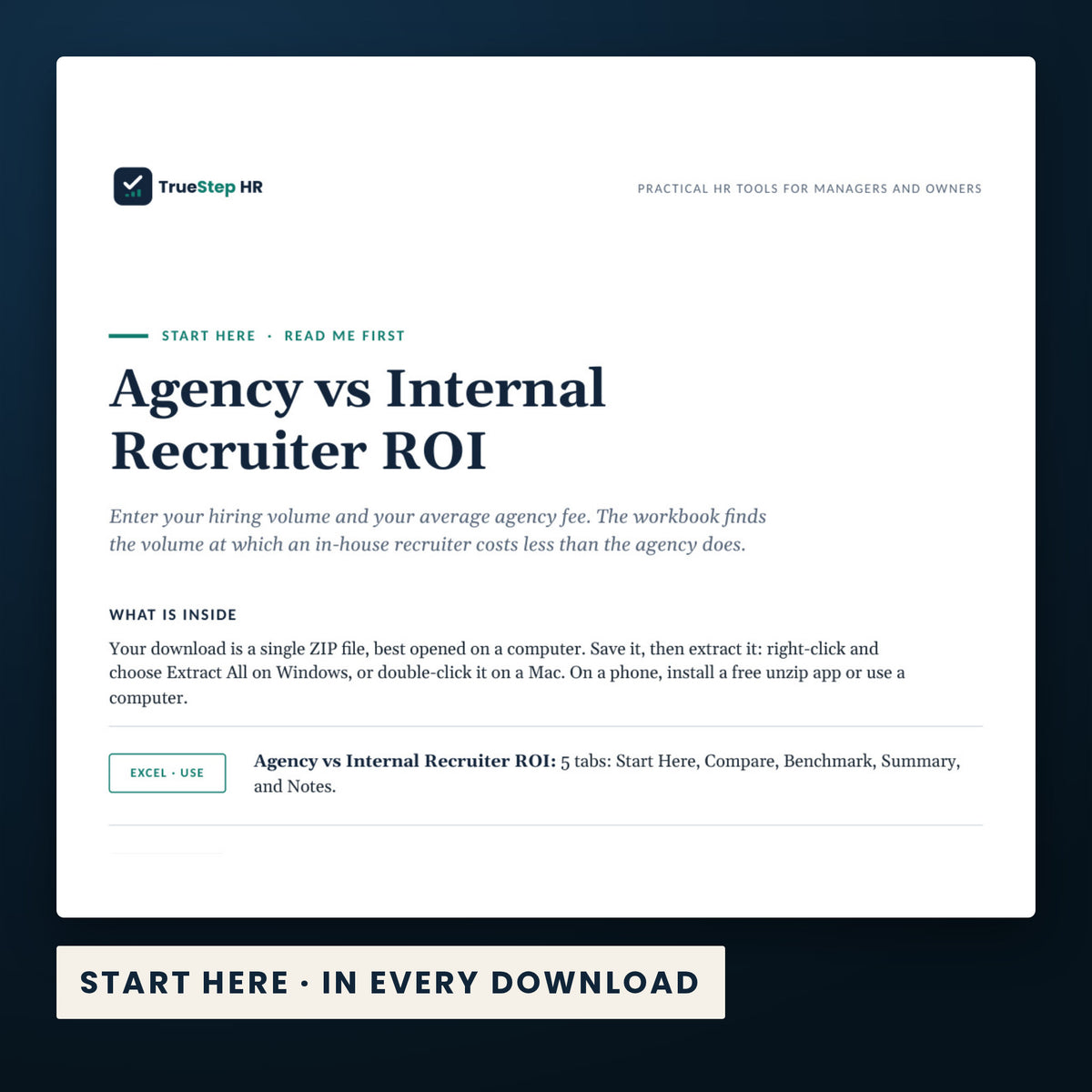 Agency vs Internal Recruiter ROI Calculator — the Start Here guide from the download, listing every file and the order to use them.