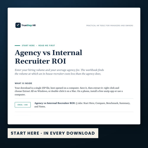 Agency vs Internal Recruiter ROI Calculator — the Start Here guide from the download, listing every file and the order to use them.