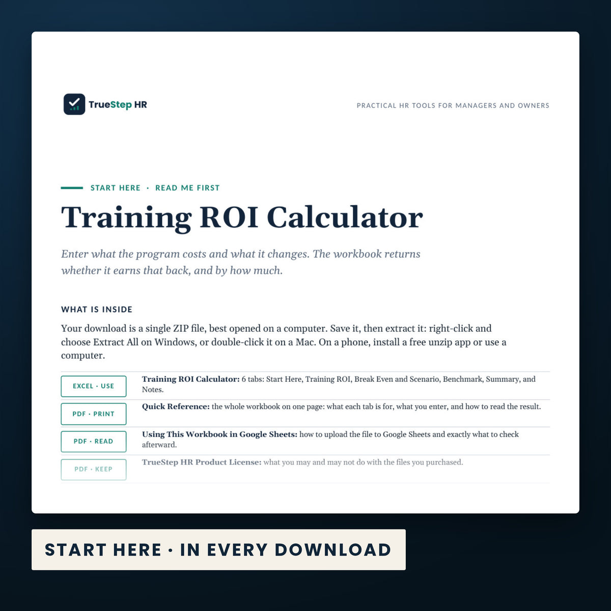 Training ROI Calculator — the Start Here guide from the download, listing every file and the order to use them.