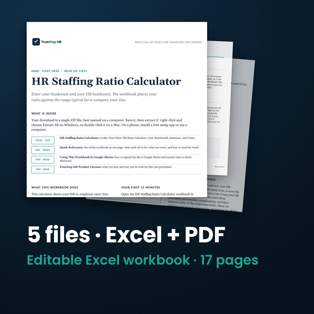 HR Staffing Ratio Calculator — the 5 files in this download shown as a stack of real pages: Excel + PDF, 17 pages in all.