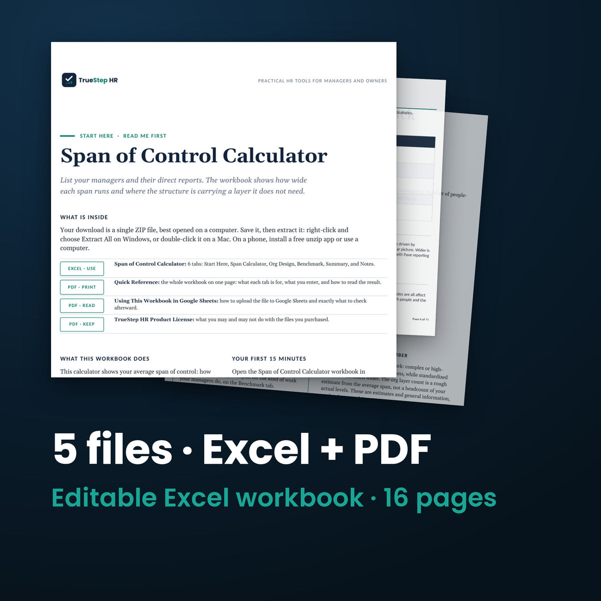 Span of Control Calculator — the 5 files in this download shown as a stack of real pages: Excel + PDF, 16 pages in all.