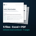 Salary Band Builder — the 5 files in this download shown as a stack of real pages: Excel + PDF, 17 pages in all.