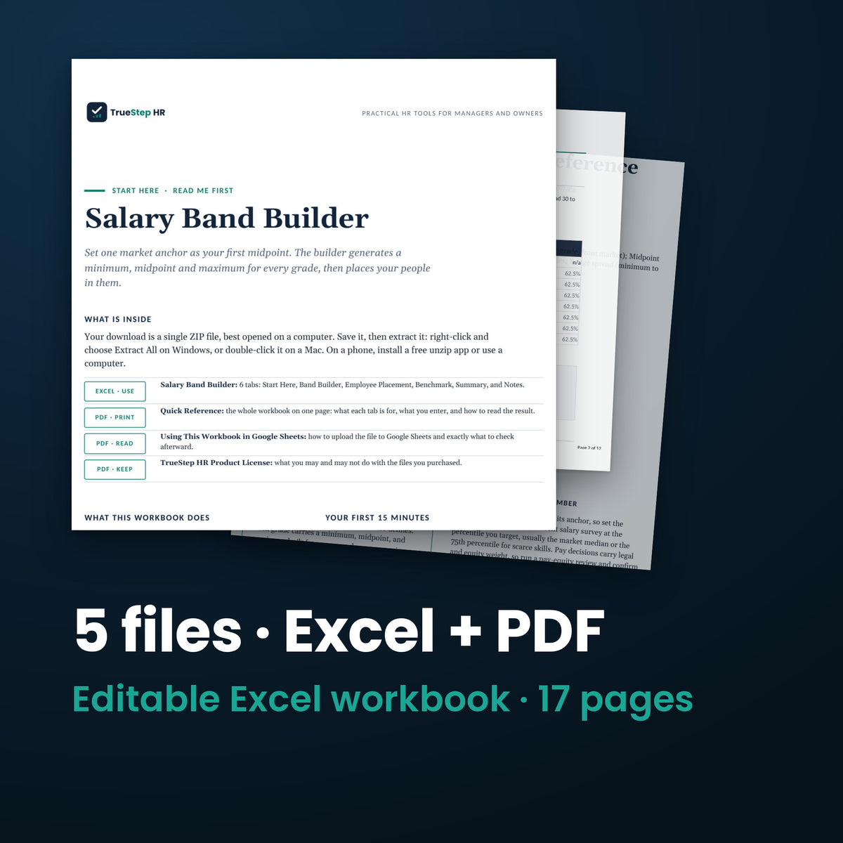 Salary Band Builder — the 5 files in this download shown as a stack of real pages: Excel + PDF, 17 pages in all.