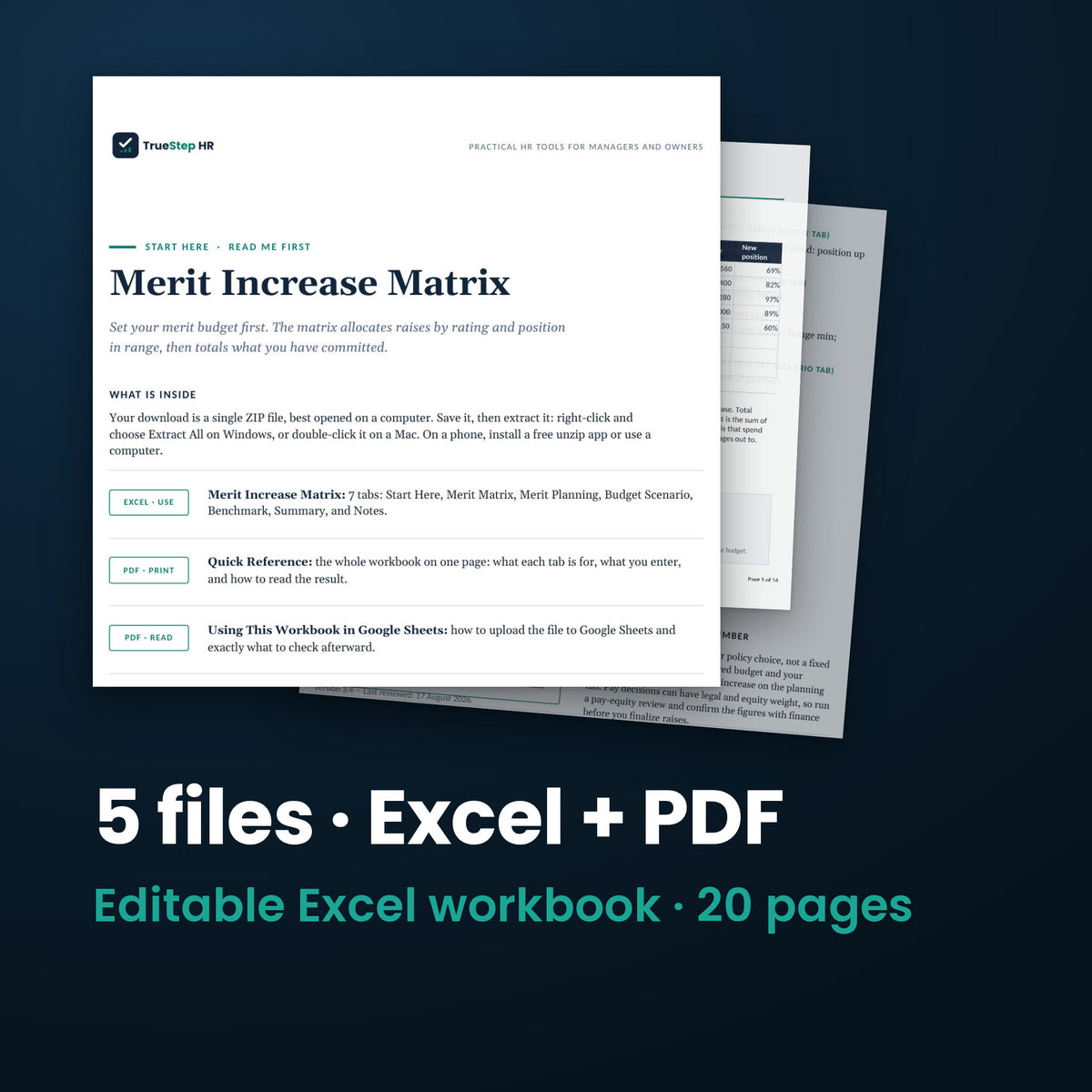 Merit Increase Matrix — the 5 files in this download shown as a stack of real pages: Excel + PDF, 20 pages in all.