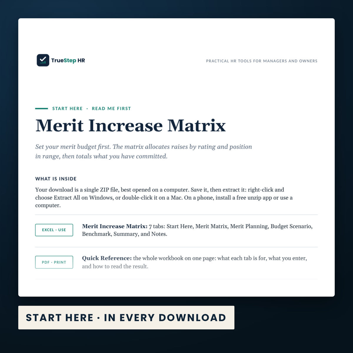 Merit Increase Matrix — the Start Here guide from the download, listing every file and the order to use them.