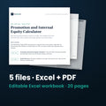 Promotion and Internal Equity Calculator — the 5 files in this download shown as a stack of real pages: Excel + PDF, 20 pages in all.