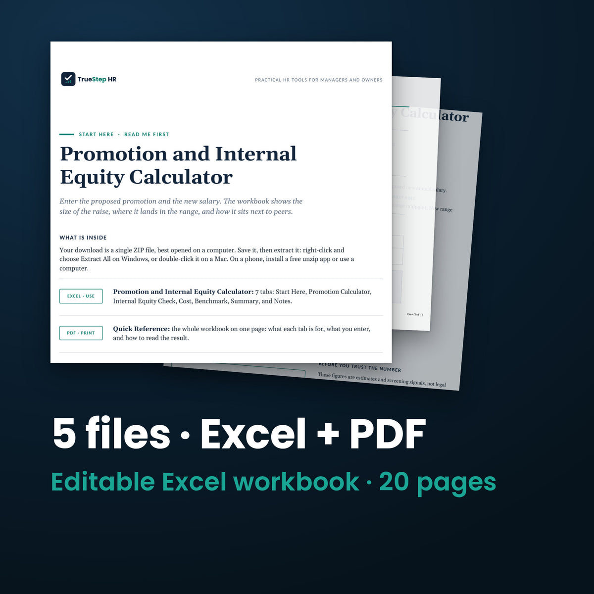 Promotion and Internal Equity Calculator — the 5 files in this download shown as a stack of real pages: Excel + PDF, 20 pages in all.