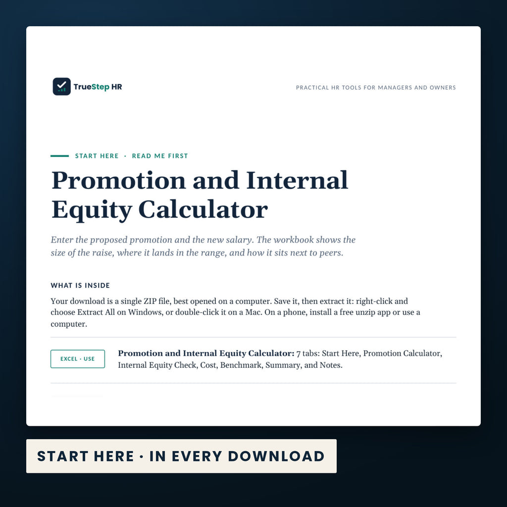Promotion and Internal Equity Calculator — the Start Here guide from the download, listing every file and the order to use them.