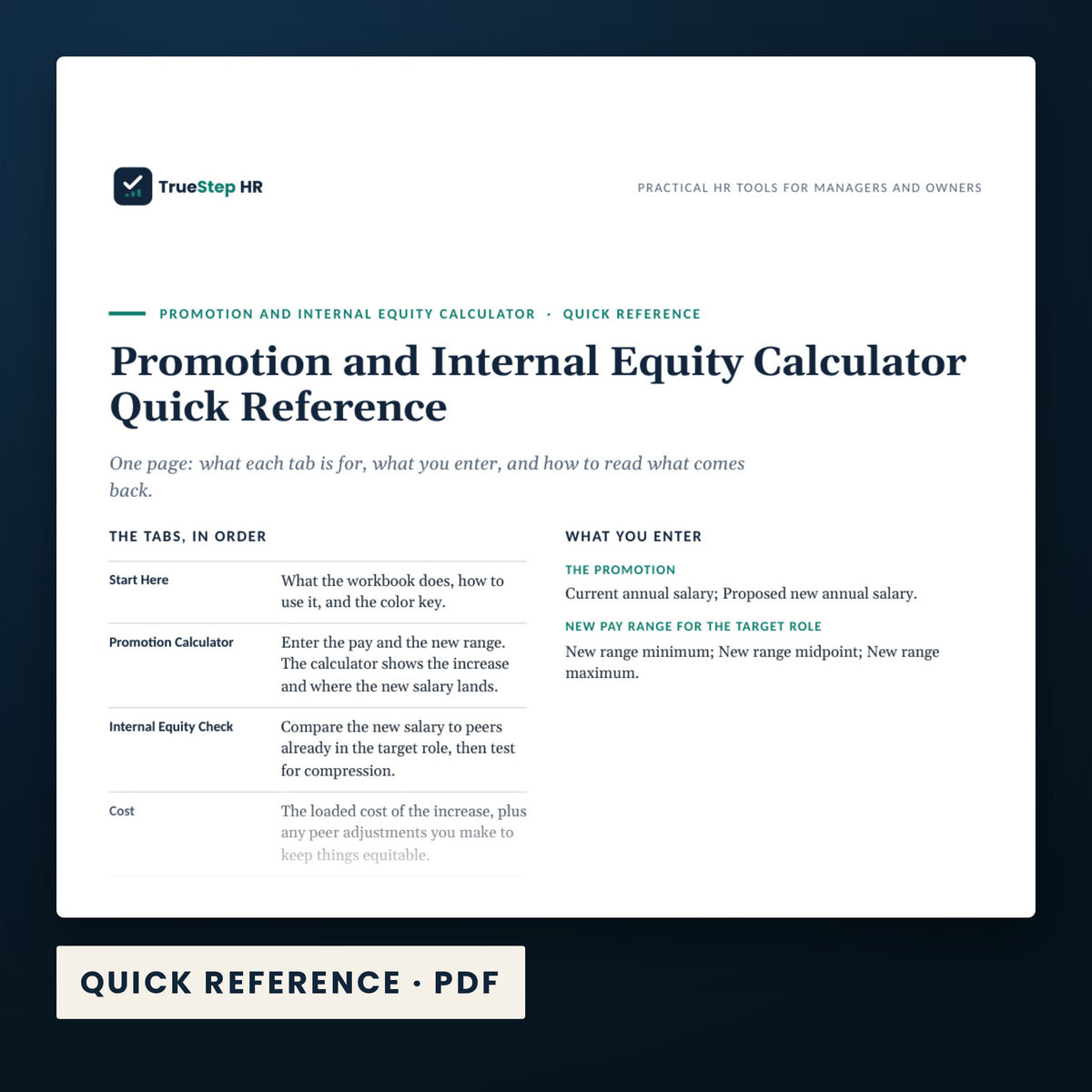 Promotion and Internal Equity Calculator — a page from Quick Reference, one of the files in this download.