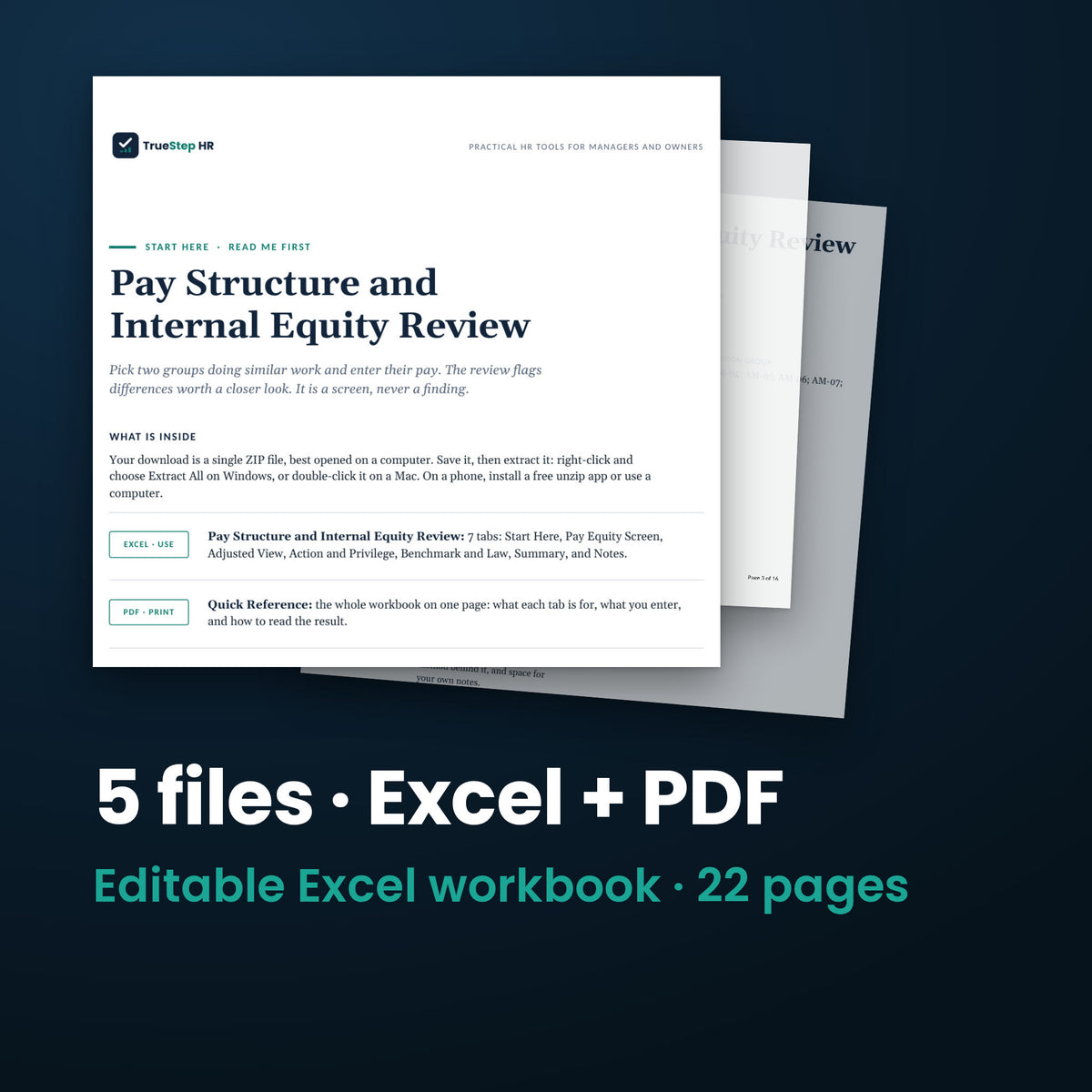 Pay Structure and Internal Equity Review — the 5 files in this download shown as a stack of real pages: Excel + PDF, 22 pages in all.