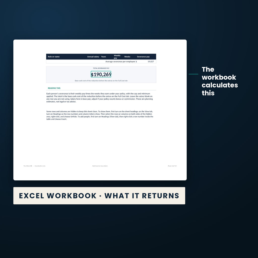 Severance Planning Calculator — the calculated result the Excel workbook returns, $190,269, from the worked example.