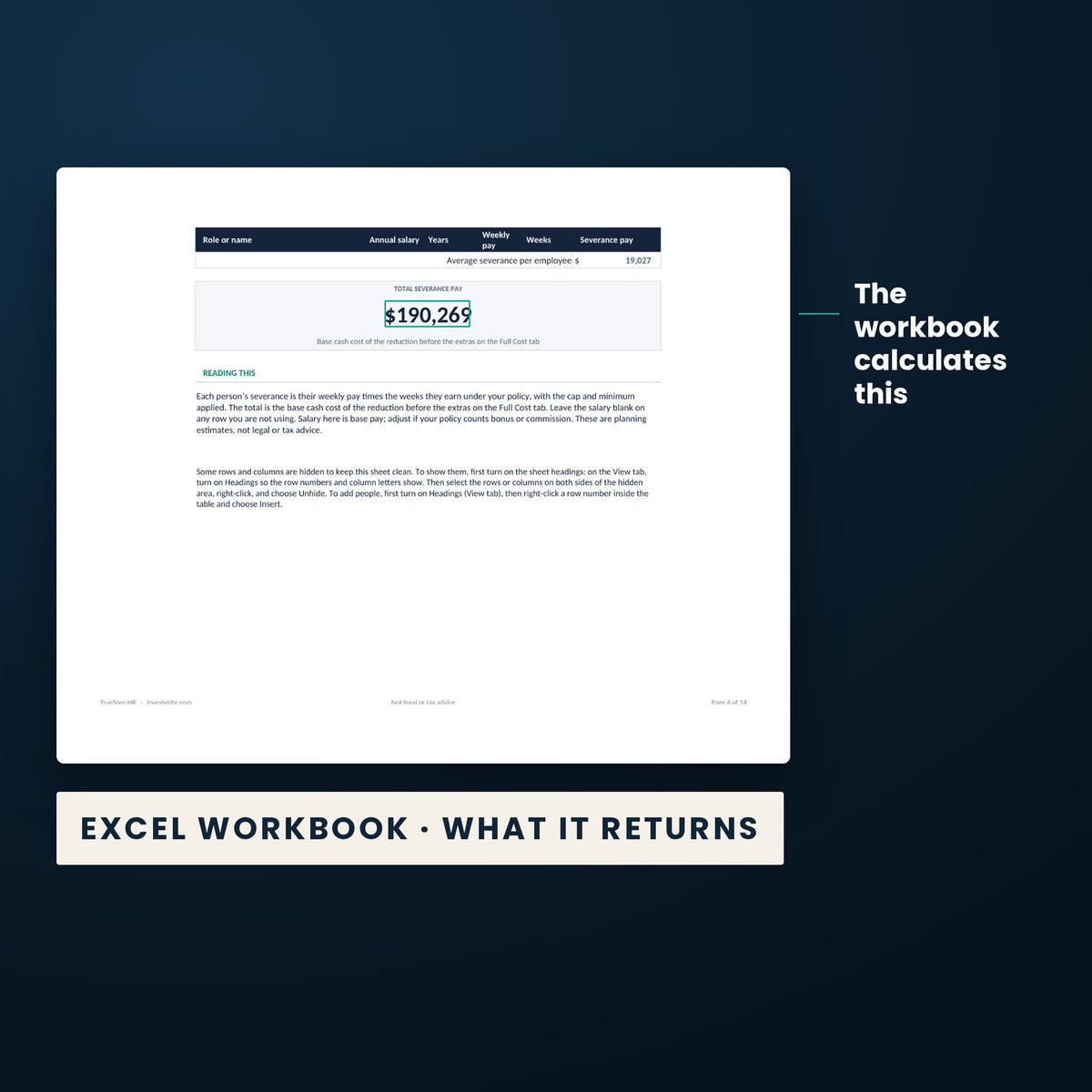 Severance Planning Calculator — the calculated result the Excel workbook returns, $190,269, from the worked example.