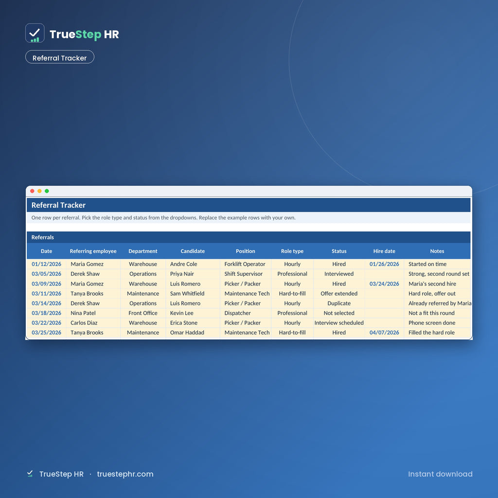 Referral tracker with candidate status and hire dates