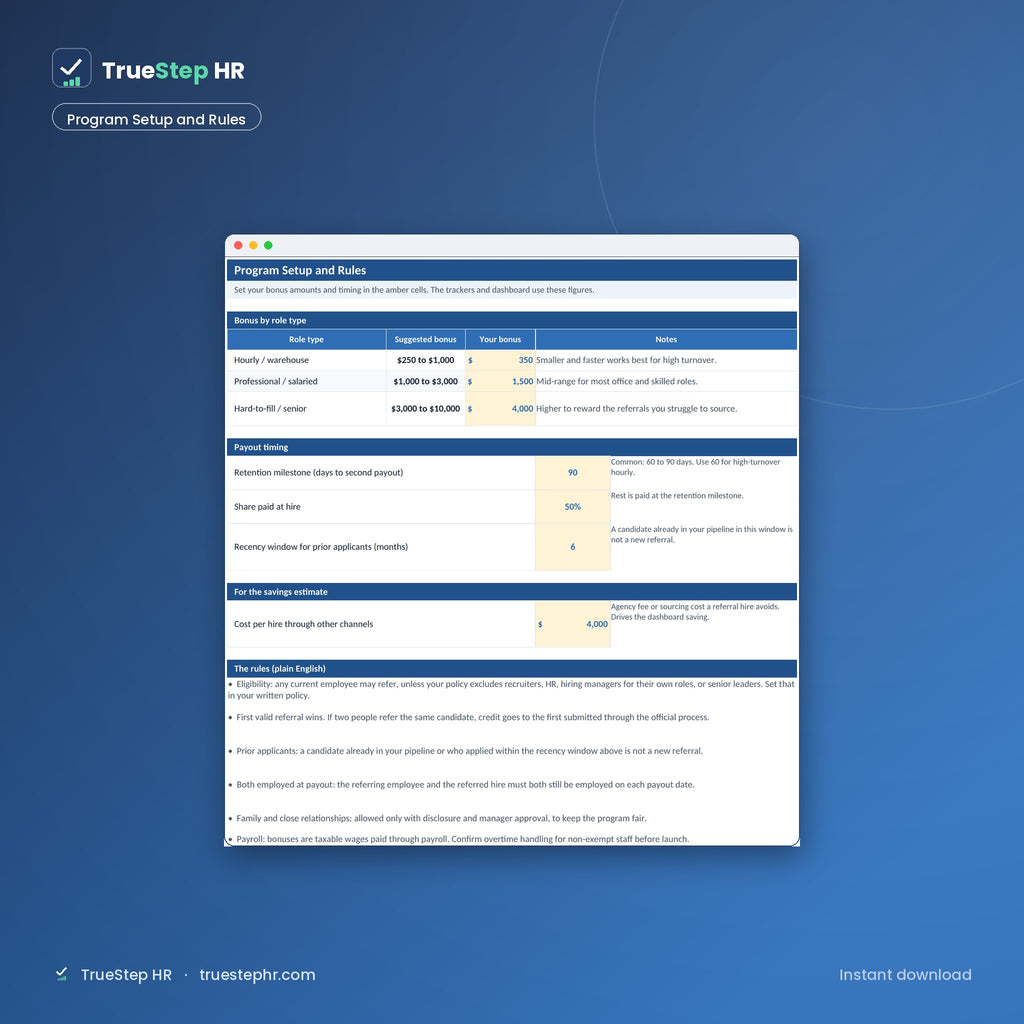 Referral program setup, bonus tiers, payout timing, and rules