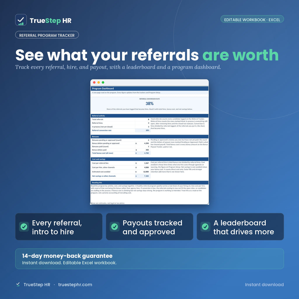 TrueStep HR Referral Program Tracker, editable Excel workbook