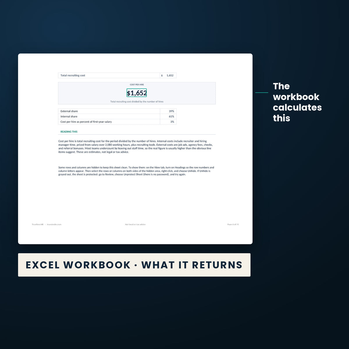Recruiting Analytics Pack — the calculated result the Excel workbook returns, $1,652, from the worked example.
