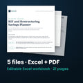 RIF and Restructuring Savings Planner — the 5 files in this download shown as a stack of real pages: Excel + PDF, 21 pages in all.