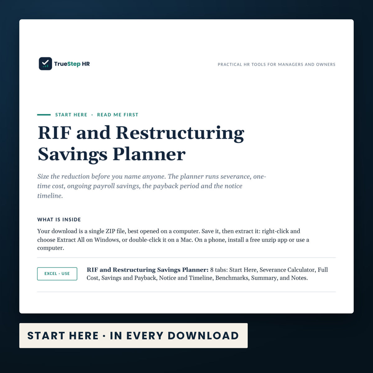 RIF and Restructuring Savings Planner — the Start Here guide from the download, listing every file and the order to use them.