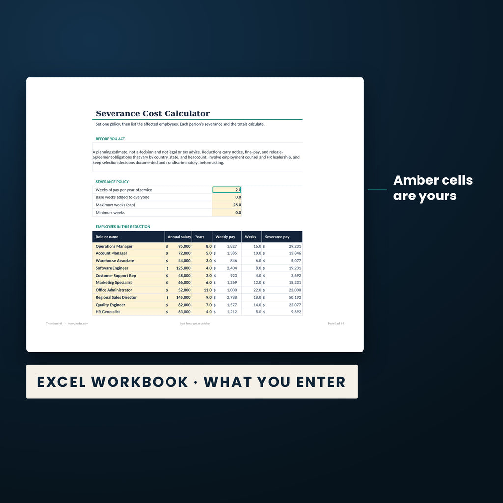 RIF and Restructuring Savings Planner — the Excel workbook with the amber cells you fill in marked; the white cells calculate.