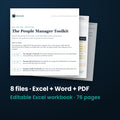 People Manager Toolkit — the 8 files in this download shown as a stack of real pages: Excel + Word + PDF, 76 pages in all.