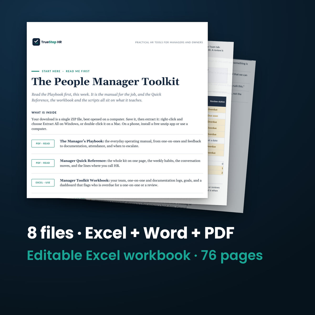 People Manager Toolkit — the 8 files in this download shown as a stack of real pages: Excel + Word + PDF, 76 pages in all.