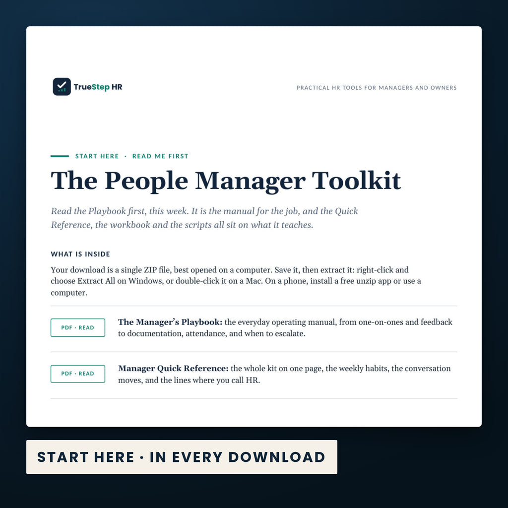 People Manager Toolkit — the Start Here guide from the download, listing every file and the order to use them.
