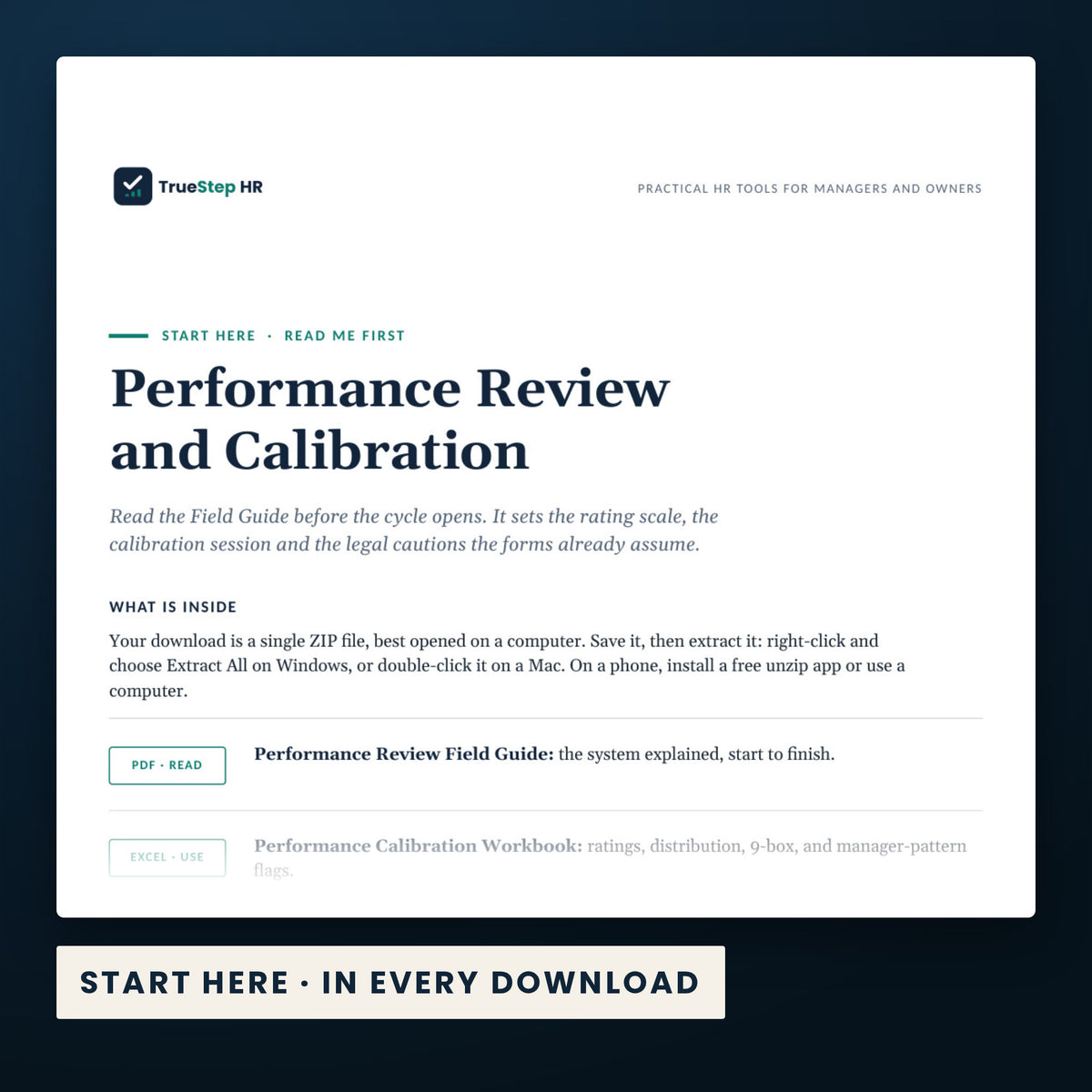 Performance Review and Calibration Toolkit — the Start Here guide from the download, listing every file and the order to use them.