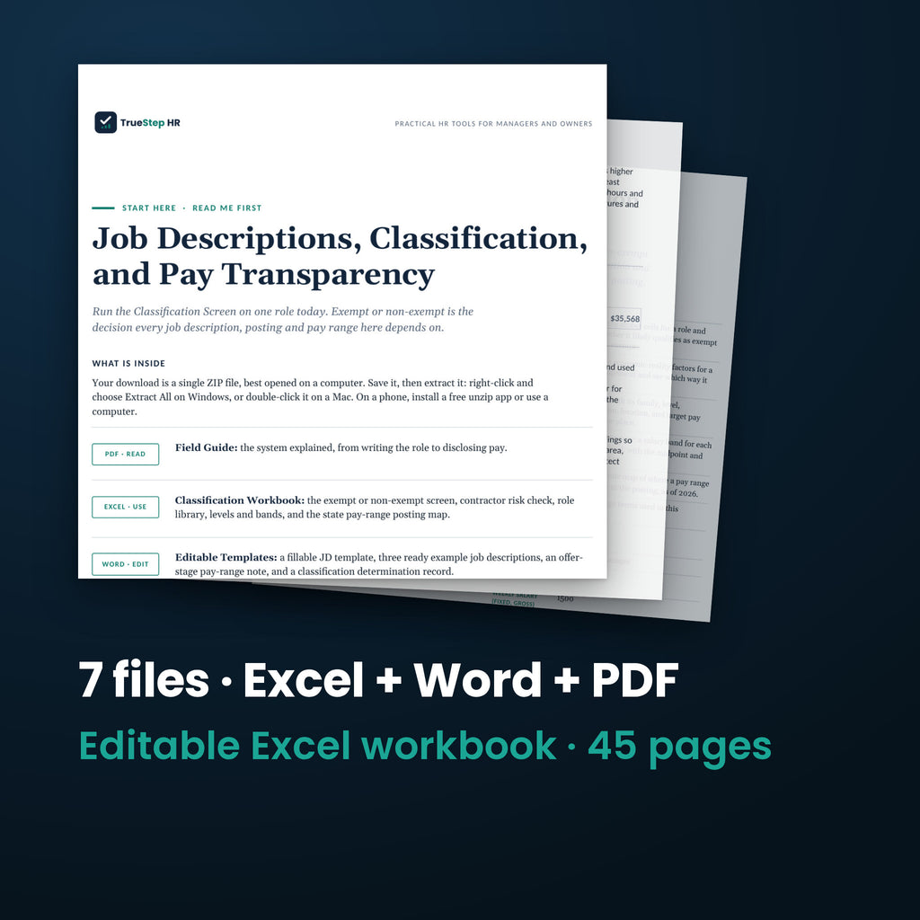 JD Classification and Pay Transparency Kit — the 7 files in this download shown as a stack of real pages: Excel + Word + PDF, 45 pages in all.