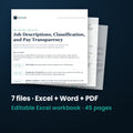 JD Classification and Pay Transparency Kit — the 7 files in this download shown as a stack of real pages: Excel + Word + PDF, 45 pages in all.