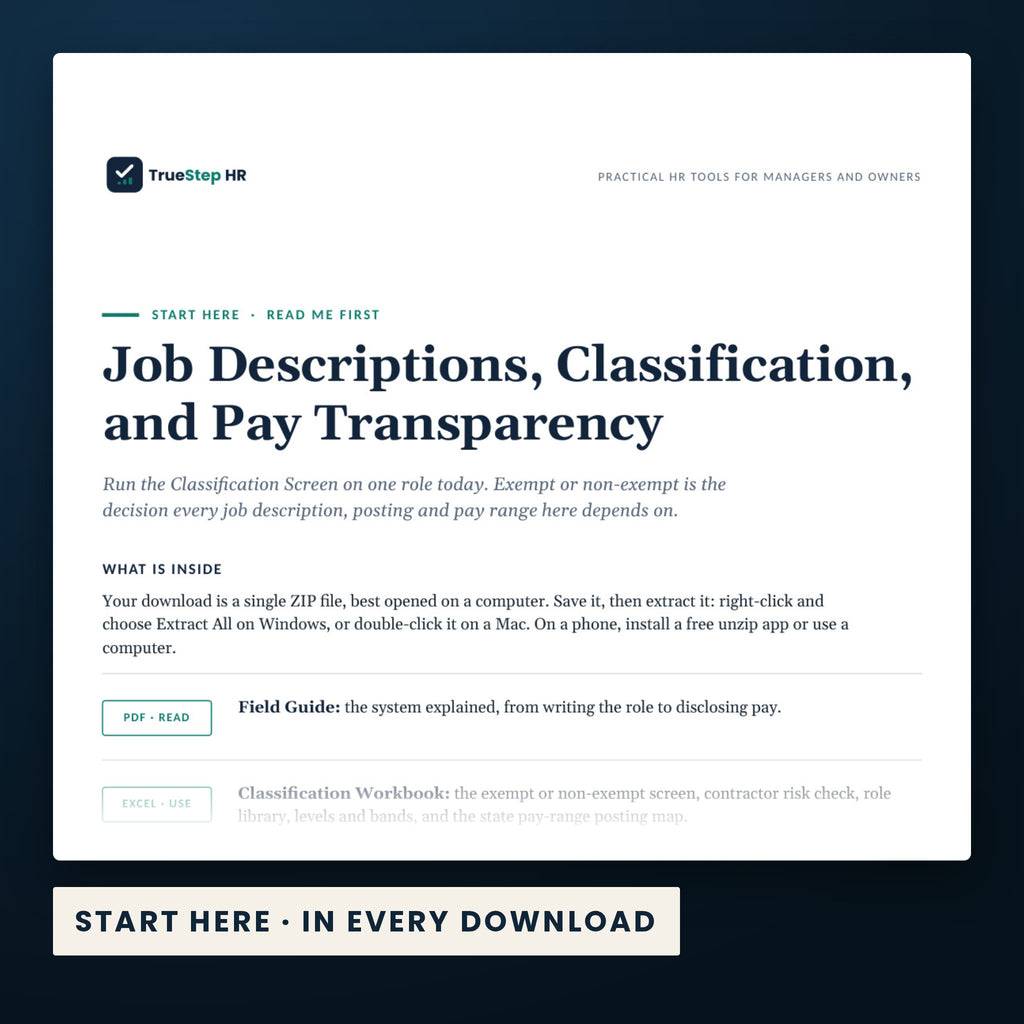 JD Classification and Pay Transparency Kit — the Start Here guide from the download, listing every file and the order to use them.