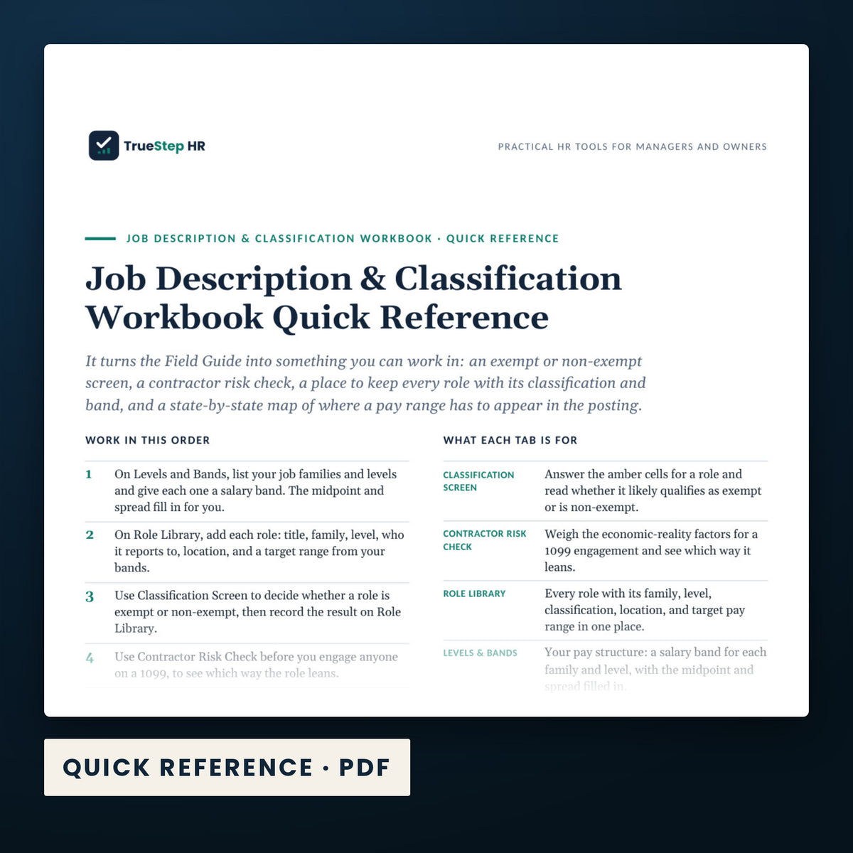 JD Classification and Pay Transparency Kit — a page from Quick Reference, one of the files in this download.