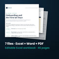 New Hire Onboarding 30-60-90 Kit — the 7 files in this download shown as a stack of real pages: Excel + Word + PDF, 46 pages in all.