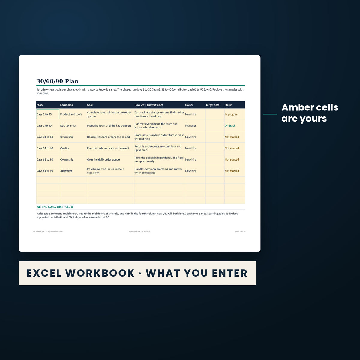 New Hire Onboarding 30-60-90 Kit — the Excel workbook with the amber cells you fill in marked; the white cells calculate.