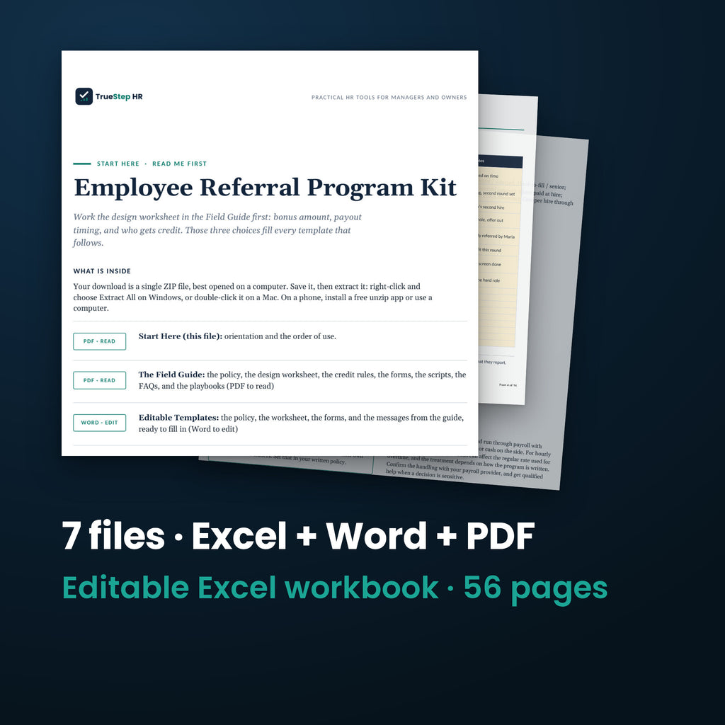 Employee Referral Program Kit — the 7 files in this download shown as a stack of real pages: Excel + Word + PDF, 56 pages in all.