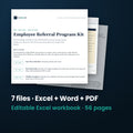 Employee Referral Program Kit — the 7 files in this download shown as a stack of real pages: Excel + Word + PDF, 56 pages in all.