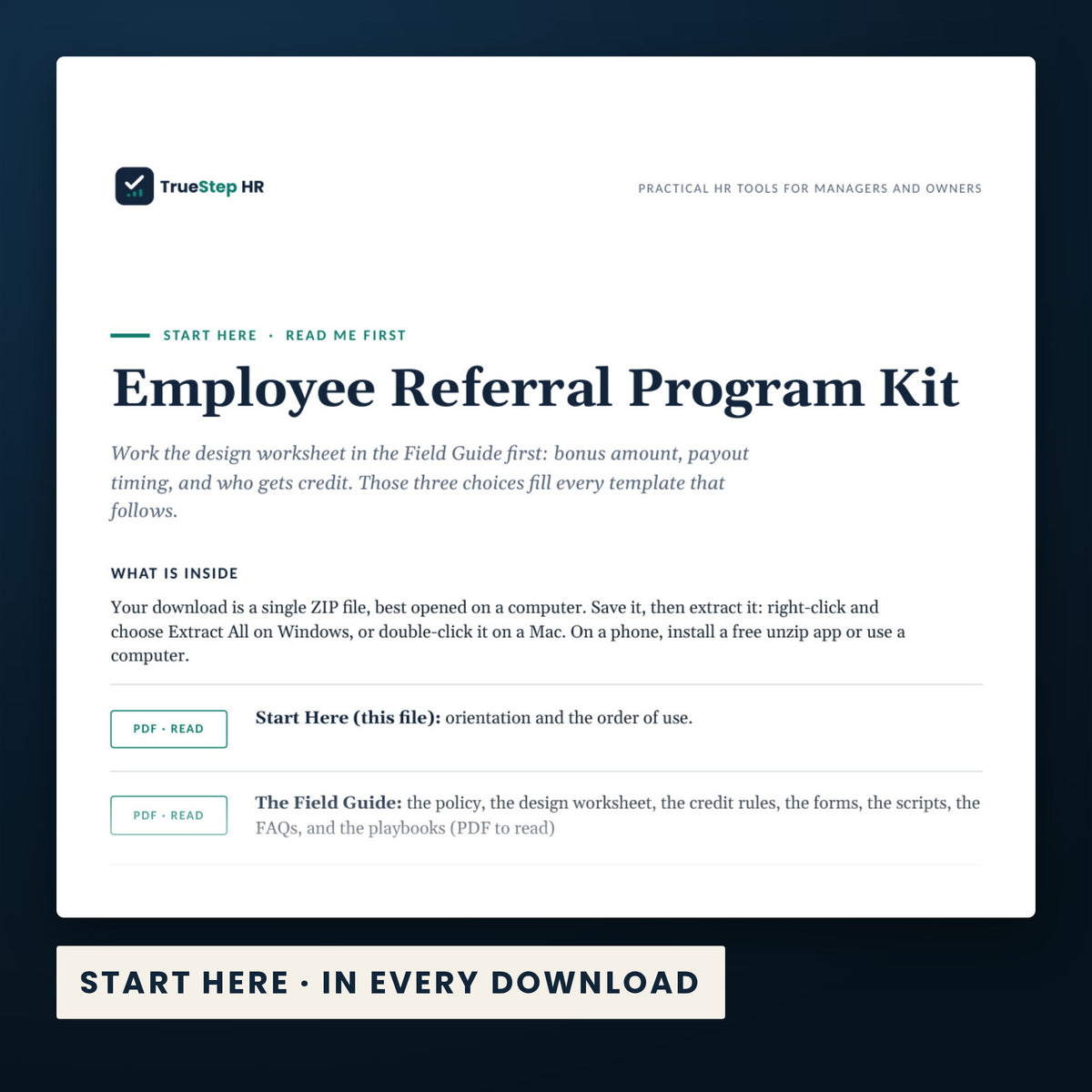 Employee Referral Program Kit — the Start Here guide from the download, listing every file and the order to use them.