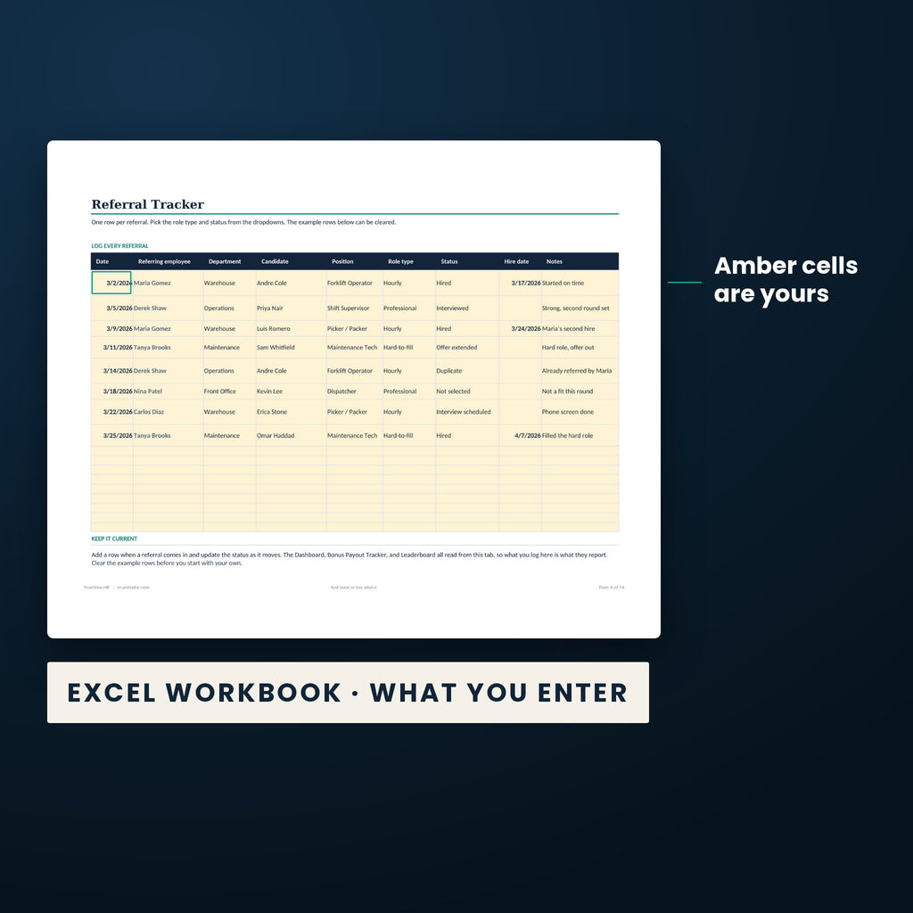 Employee Referral Program Kit — the Excel workbook with the amber cells you fill in marked; the white cells calculate.