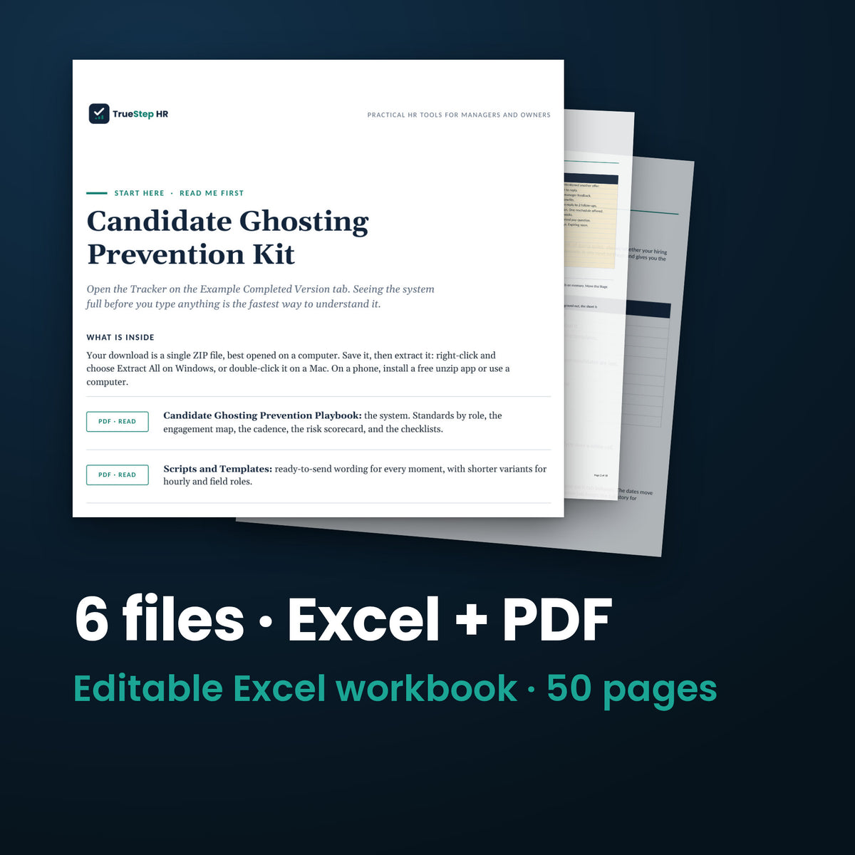 Candidate Ghosting Prevention Kit — the 6 files in this download shown as a stack of real pages: Excel + PDF, 50 pages in all.