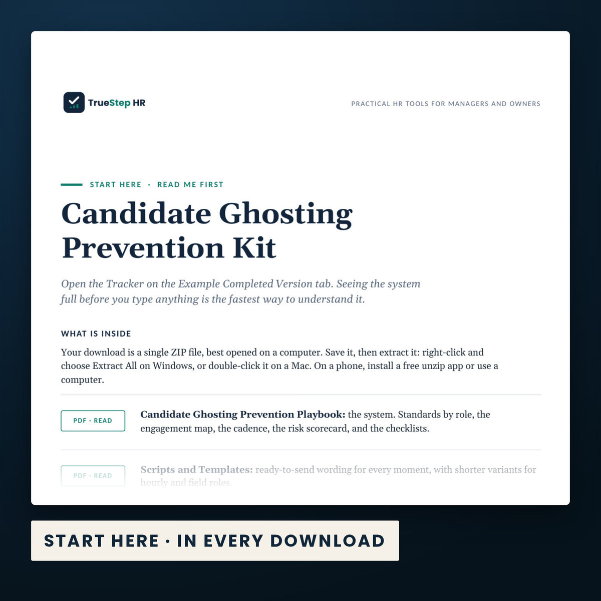Candidate Ghosting Prevention Kit — the Start Here guide from the download, listing every file and the order to use them.