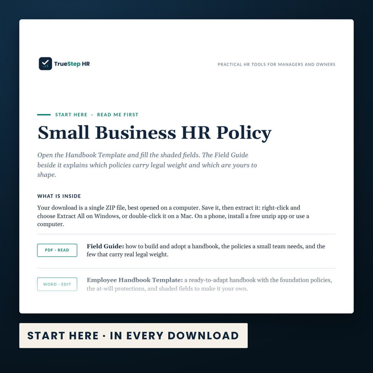 HR Policy Starter Pack — the Start Here guide from the download, listing every file and the order to use them.
