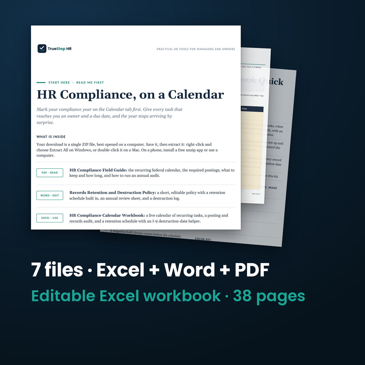 HR Compliance Calendar and Document Audit Kit — the 7 files in this download shown as a stack of real pages: Excel + Word + PDF, 38 pages in all.